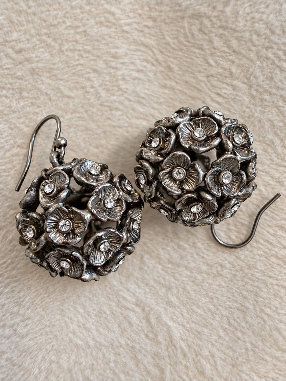 Silver Floral Cluster Drop Earrings with Crystal Centers